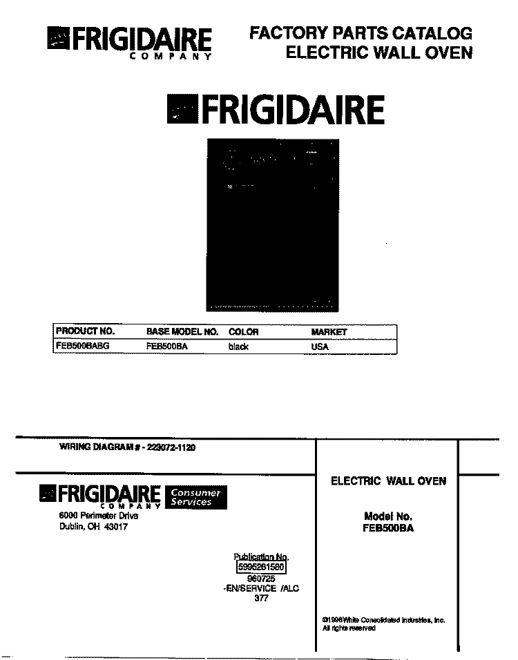 COVER Diagram and Parts List for FEB500BABG  Frigidaire Wall Oven