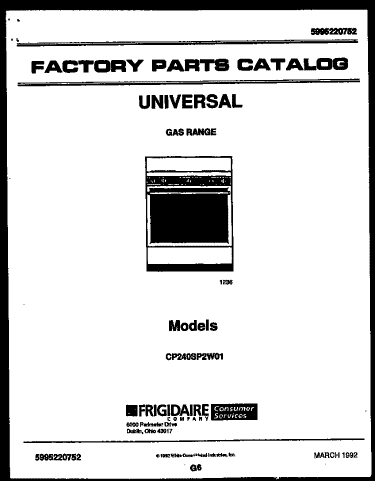 COVER Diagram and Parts List for CP240SP2D1  Frigidaire Range