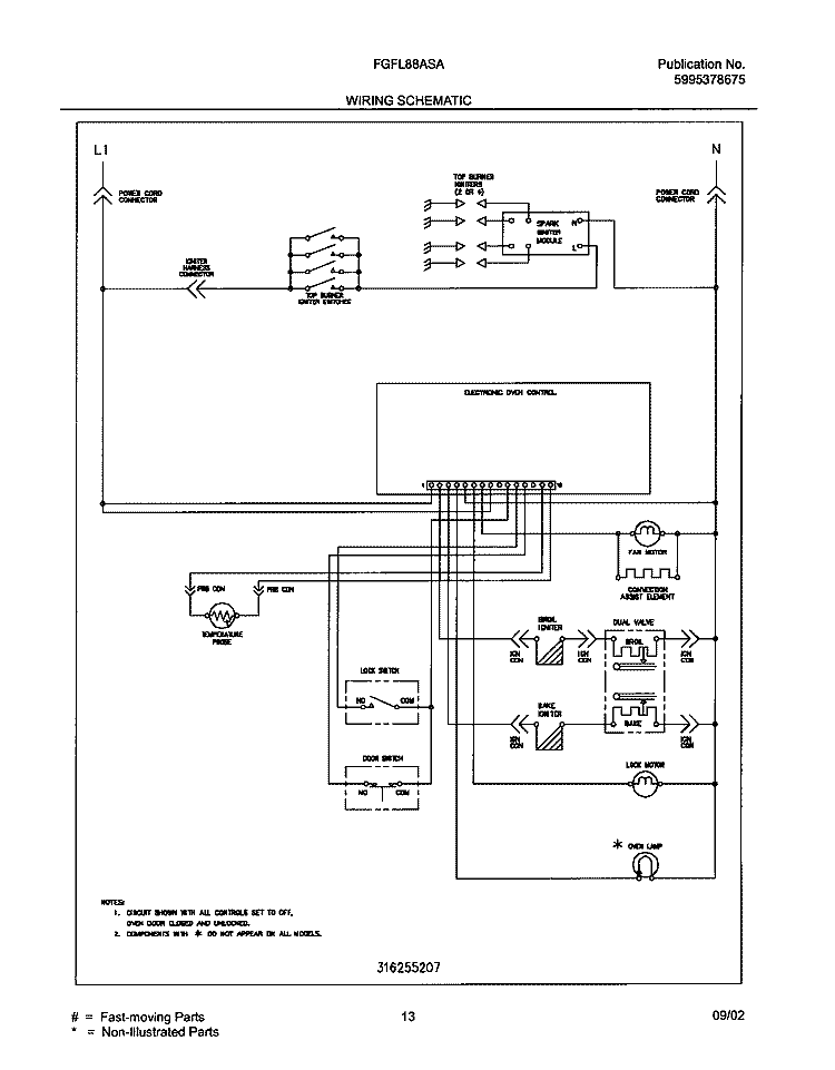 WIRING SCHEMATIC Diagram and Parts List for FGFL88ASA  Frigidaire Range
