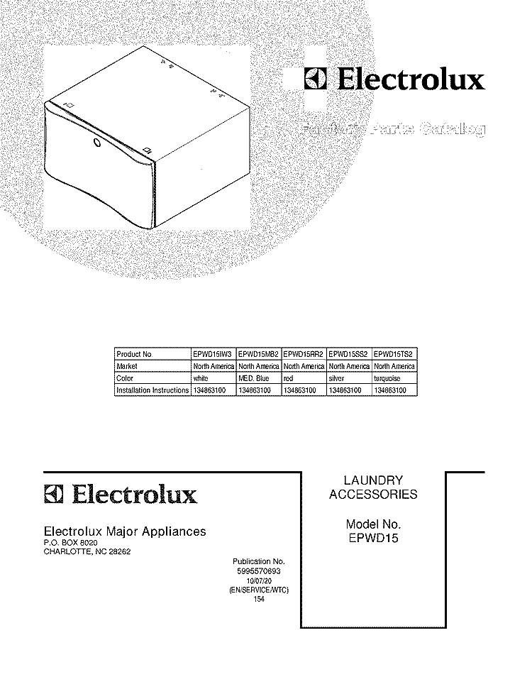 COVER Diagram and Parts List for EPWD15SS2  Electrolux Laundry Accessories