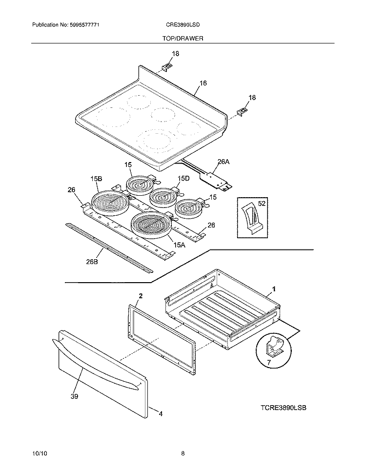 TOP/DRAWER Diagram and Parts List for CRE3890LSD  Crosley Range