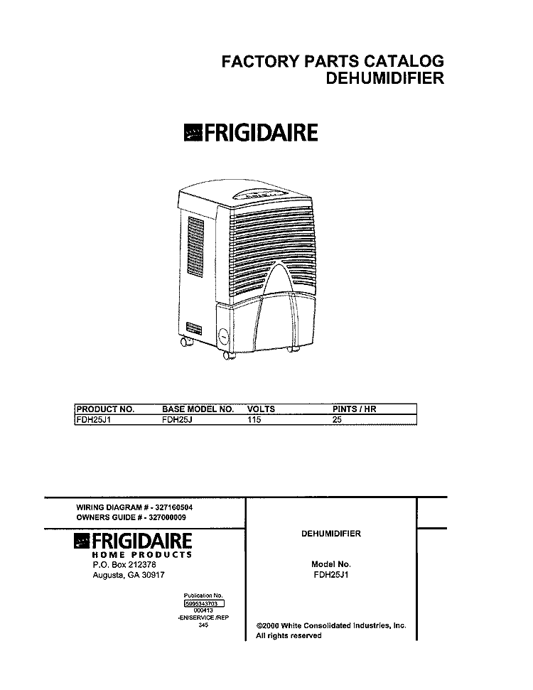 COVER Diagram and Parts List for FDH25J1  Frigidaire Dehumidifier