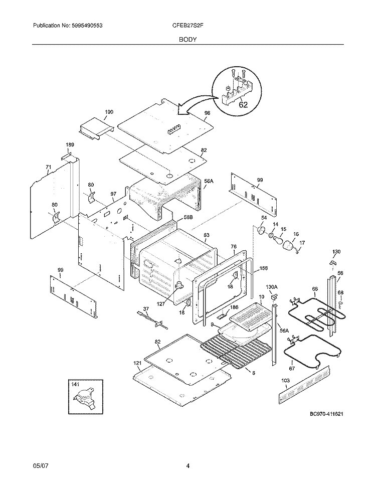 BODY Diagram and Parts List for CFEB27S2FB2  Frigidaire Wall Oven