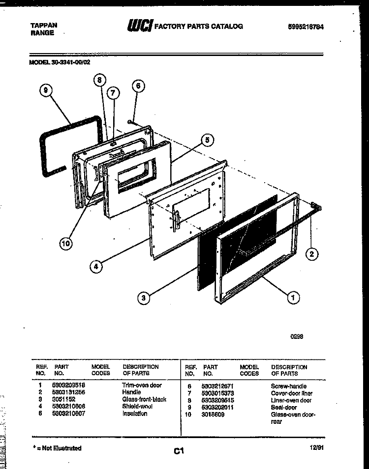 DOOR PARTS Diagram and Parts List for 30-3341-00-02  Tappan Range
