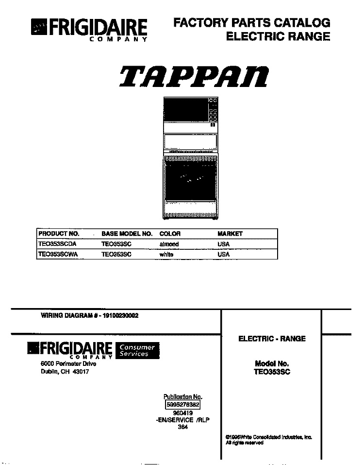 COVER Diagram and Parts List for TEO353SCWA  Tappan Range
