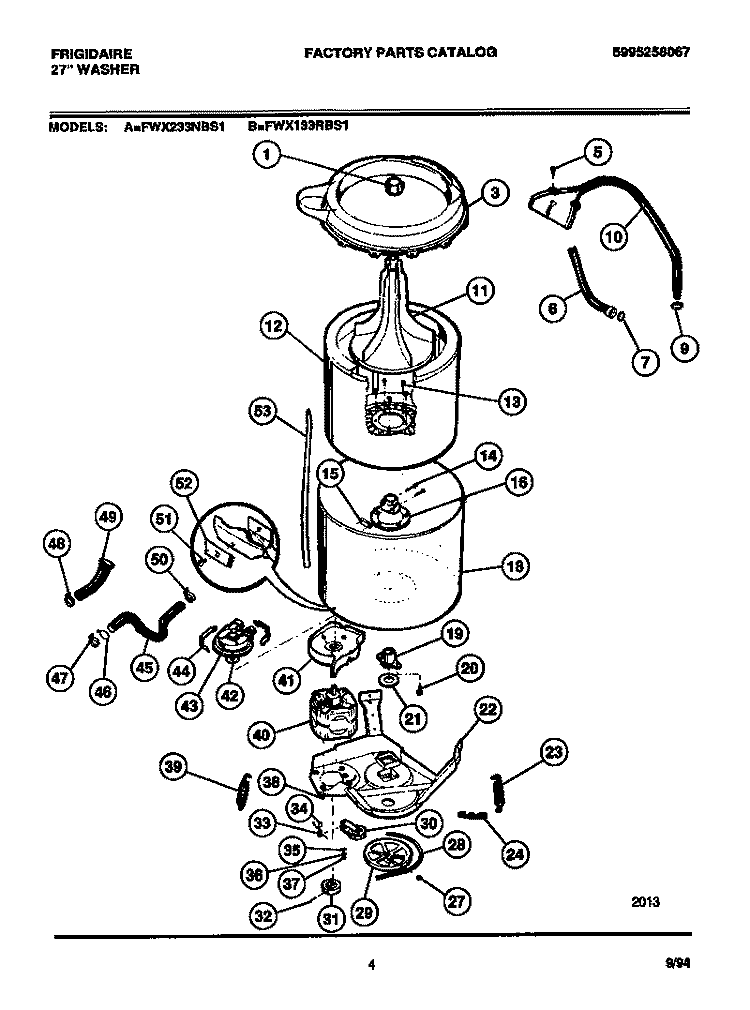 TUBS, HOSES, MOTOR Diagram and Parts List for FWX133RBS1  Frigidaire Washer