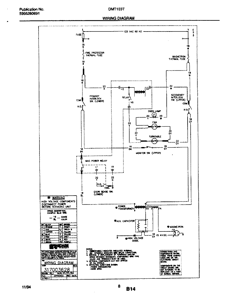 WIRING DIAGRAM Diagram and Parts List for DMT103T1W1  Frigidaire Microwave