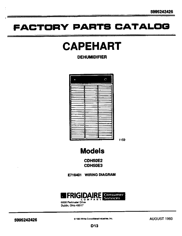 COVER Diagram and Parts List for CDH50E2  Frigidaire Dehumidifier