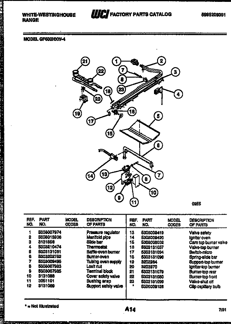 BURNER, MANIFOLD AND GAS CONTROL Diagram and Parts List for GF600HXW4  Frigidaire Range