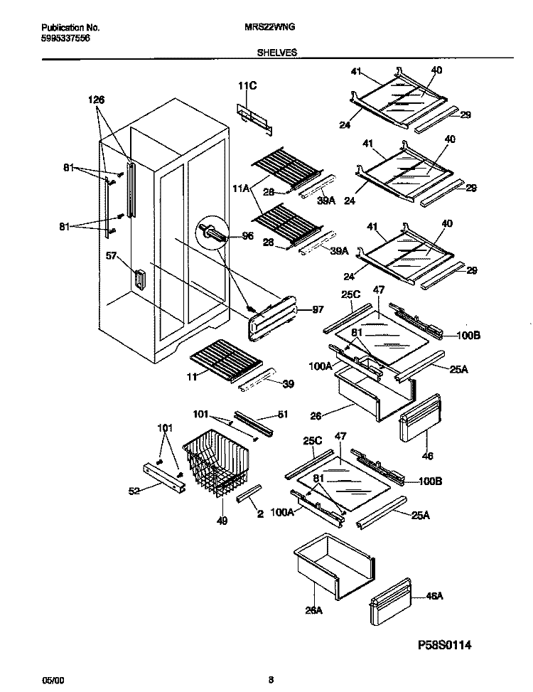 SHELVES Diagram and Parts List for MRS22WNGD0  Frigidaire Refrigerator