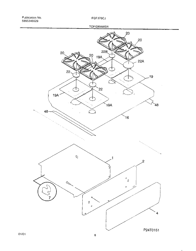 TOP / DRAWER Diagram and Parts List for FGF376CJTB  Frigidaire Range