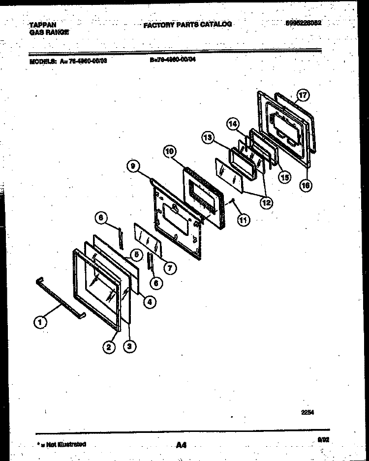 LOWER OVEN DOOR PARTS Diagram and Parts List for 76-4960-00-03  Tappan Microwave Oven Combo