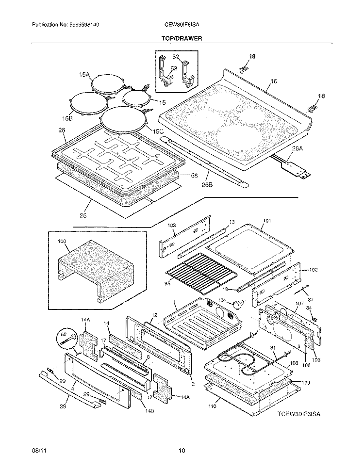 TOP/DRAWER Diagram and Parts List for CEW30IF6ISA  Electrolux Range