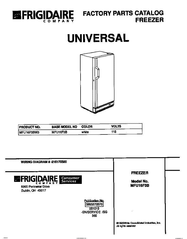 COVER Diagram and Parts List for MFU16F3BW3  Frigidaire Freezer
