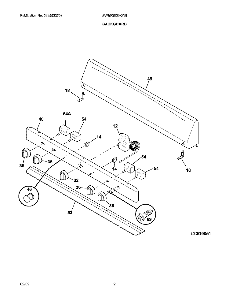 BACKGUARD Diagram and Parts List for WWEF3000KWB  Westinghouse Range