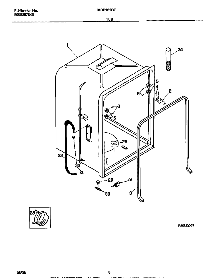 TUB Diagram and Parts List for MDB121GFR0  Frigidaire Dishwasher