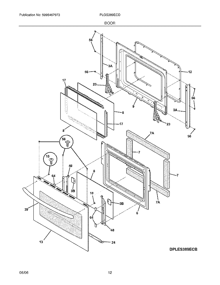 DOOR Diagram and Parts List for PLGS389ECD  Frigidaire Range