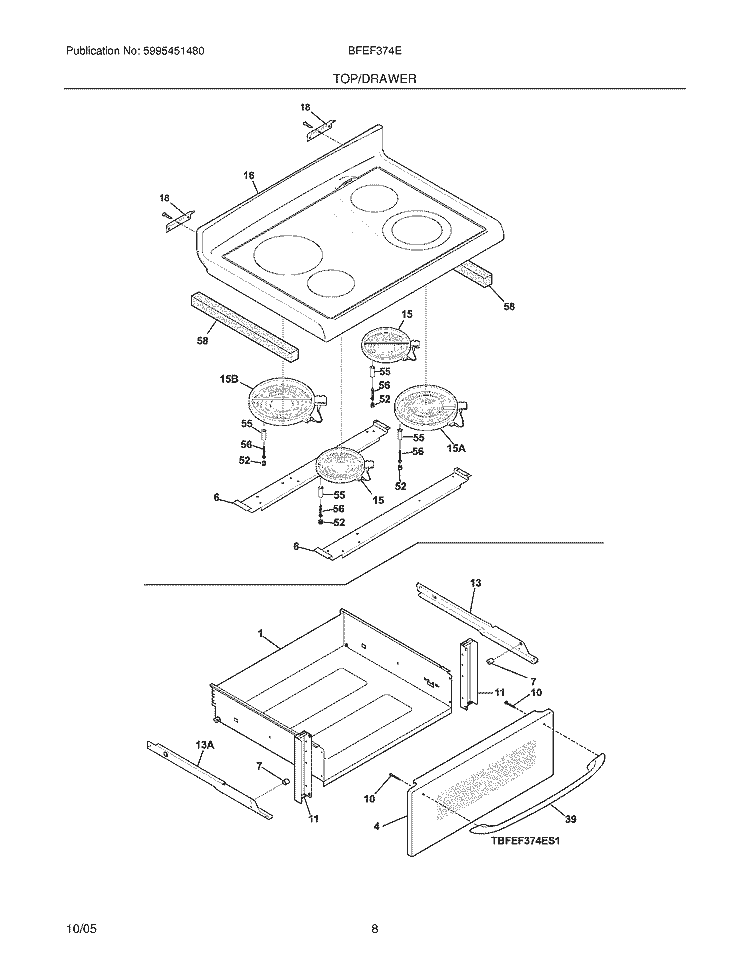 TOP / DRAWER Diagram and Parts List for BFEF374EB1  Frigidaire Range
