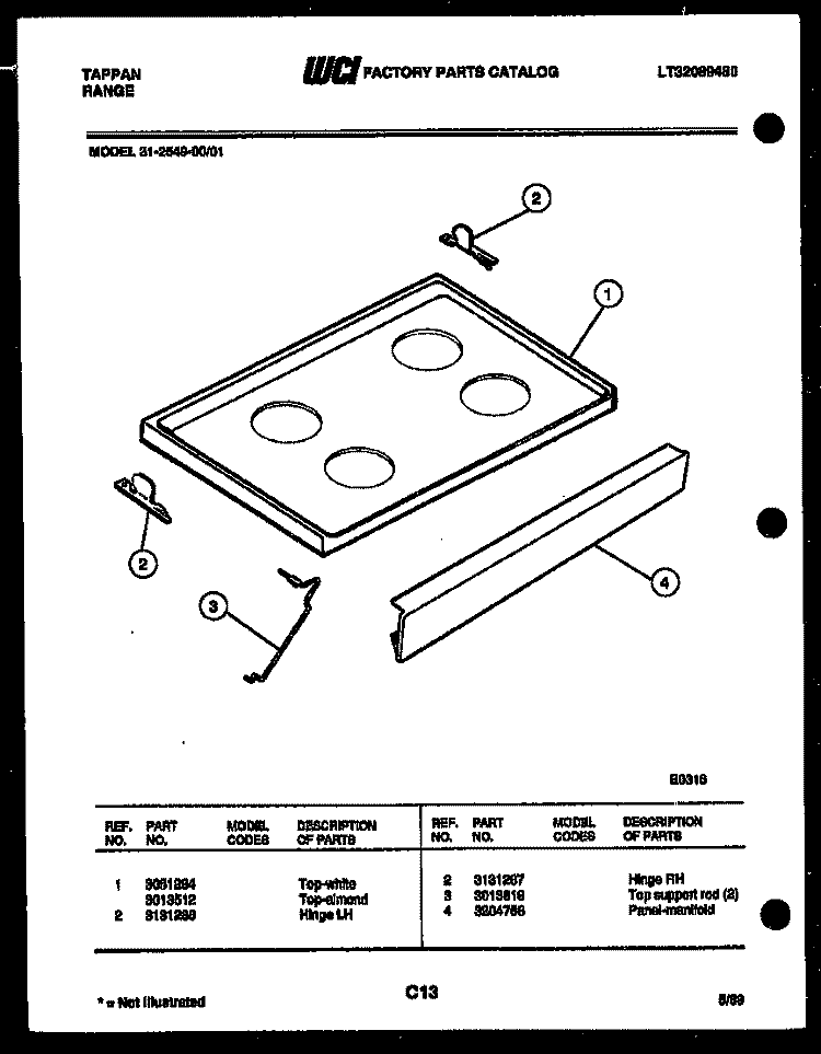 COOKTOP PARTS Diagram and Parts List for 31-2549-00-01  Tappan Range