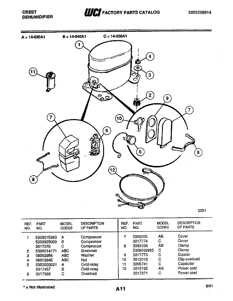 COMPRESSOR Diagram and Parts List for 14-050A1  Frigidaire Dehumidifier