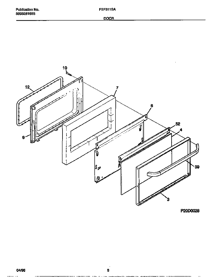 DOOR Diagram and Parts List for FEF311SADE  Frigidaire Range