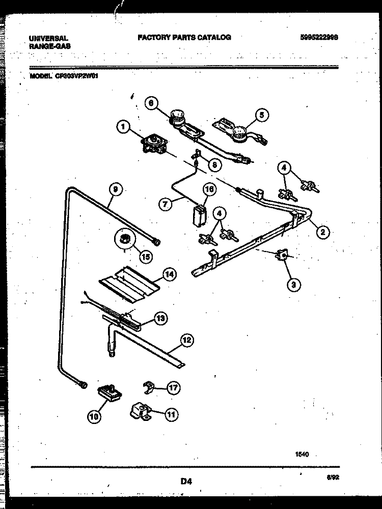 BURNER, MANIFOLD AND GAS CONTROL Diagram and Parts List for CP303VP2D1  Frigidaire Range