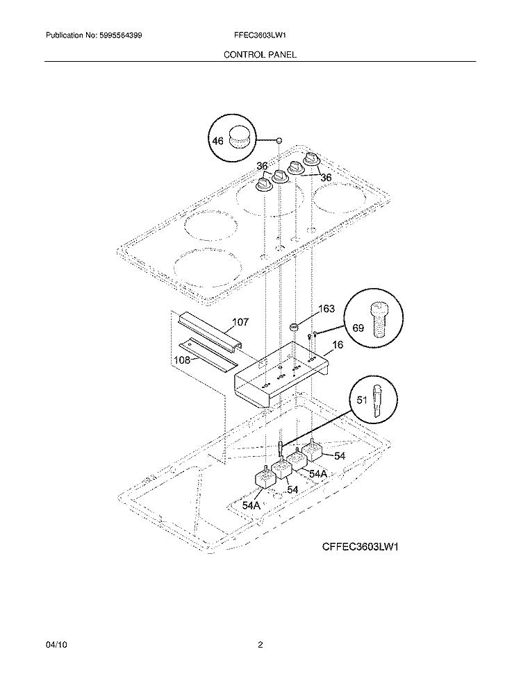 CONTROL PANEL Diagram and Parts List for FFEC3603LW1  Frigidaire Cooktop