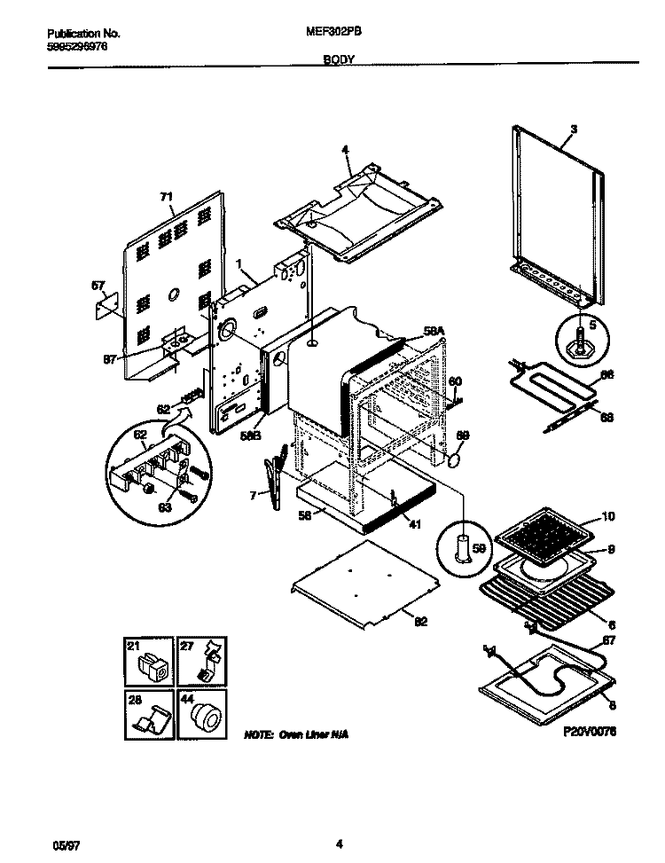 BODY Diagram and Parts List for MEF302PBWJ  Frigidaire Range