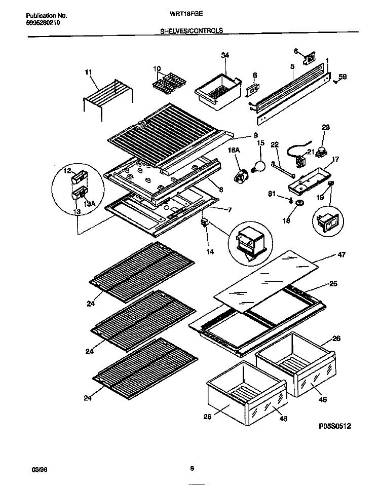 SHELVES / CONTROLS Diagram and Parts List for WRT18FGEW0  Frigidaire Refrigerator