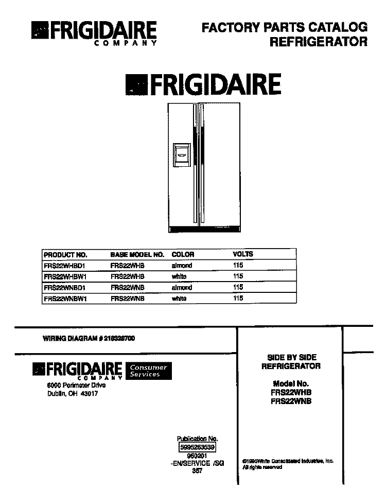 COVER Diagram and Parts List for FRS22WNBD1  Frigidaire Refrigerator