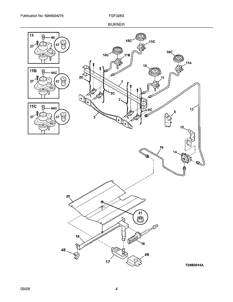 BURNER Diagram and Parts List for FGF328GSF  Frigidaire Range