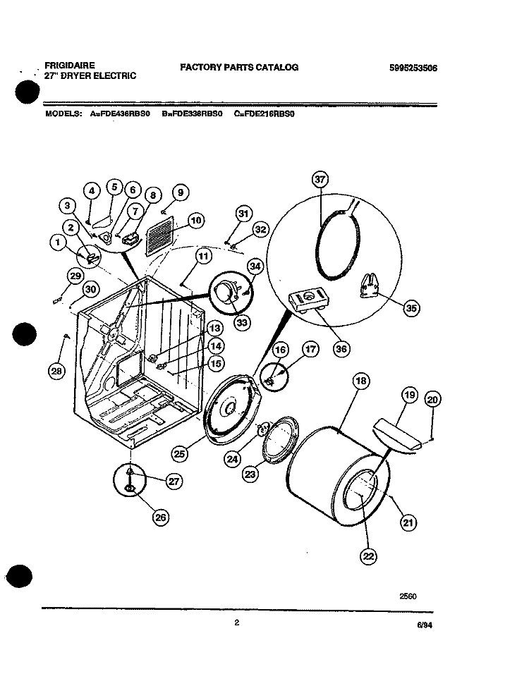 CABINET, DRUM, HEATER ASSEMBLY Diagram and Parts List for FDE336RBT0  Frigidaire Dryer
