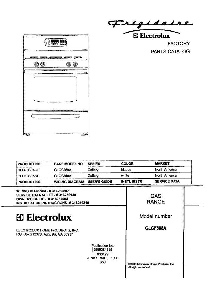 COVER Diagram and Parts List for GLGF388AQE  Frigidaire Range