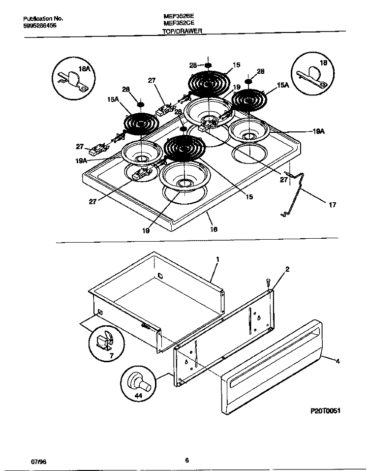TOP / DRAWER Diagram and Parts List for MEF352BEDB  Frigidaire Range