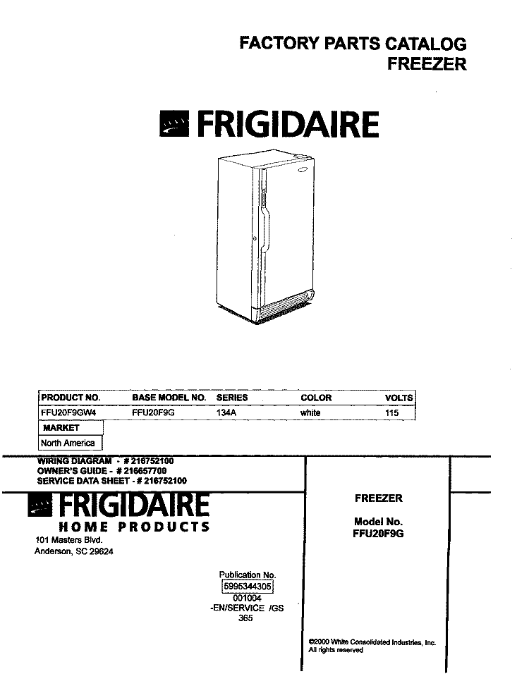 COVER Diagram and Parts List for FFU20F9GW4  Frigidaire Freezer