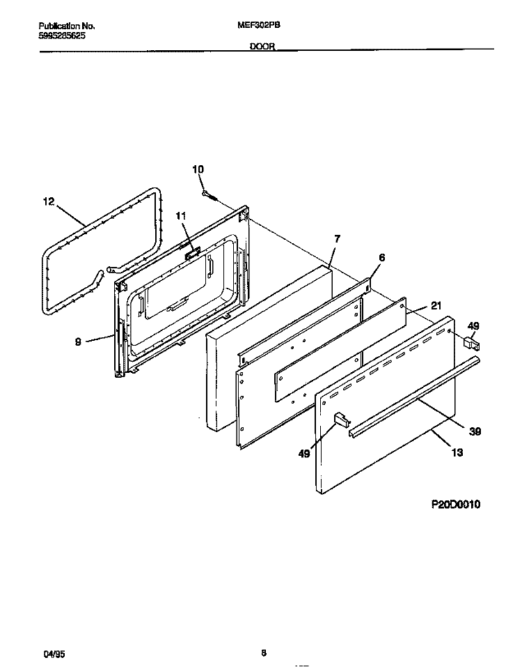 DOOR Diagram and Parts List for MEF302PBWC  Frigidaire Range