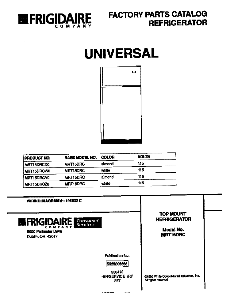 COVER Diagram and Parts List for MRT15DRCY0  Frigidaire Refrigerator