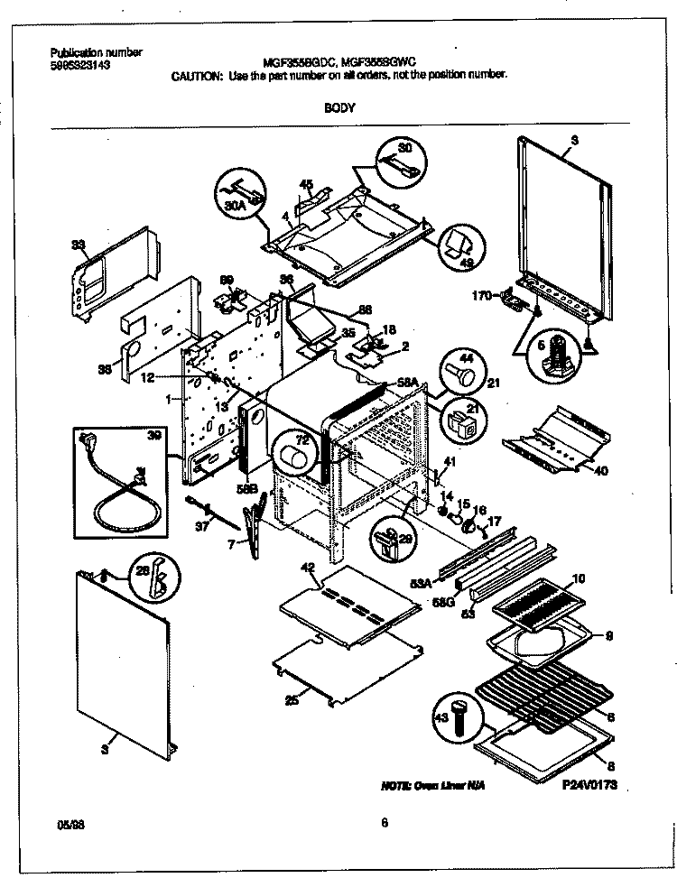 BODY Diagram and Parts List for MGF355BGWC  Frigidaire Range