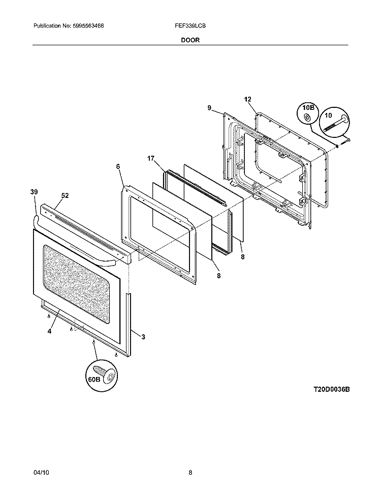 DOOR Diagram and Parts List for FEF339LCB  Frigidaire Range