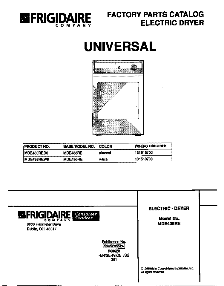COVER Diagram and Parts List for MDE436REW0  Frigidaire Dryer