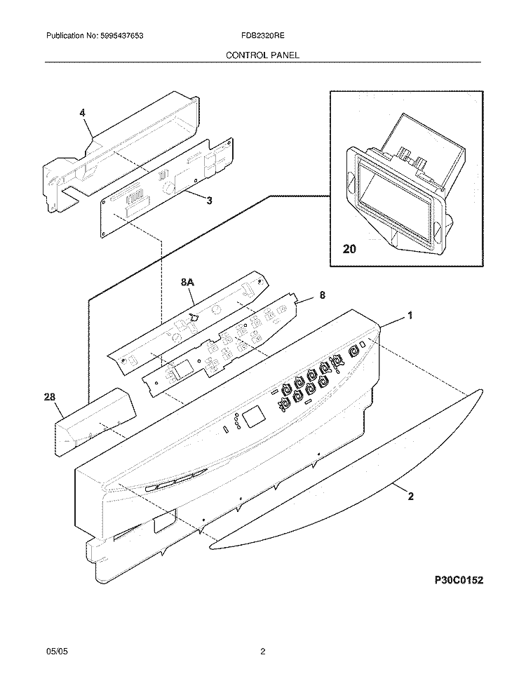 CONTROL PANEL Diagram and Parts List for FDB2320REC0  Frigidaire Dishwasher