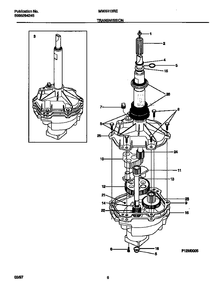 TRANSMISSION Diagram and Parts List for MWX413REW0  Frigidaire Washer