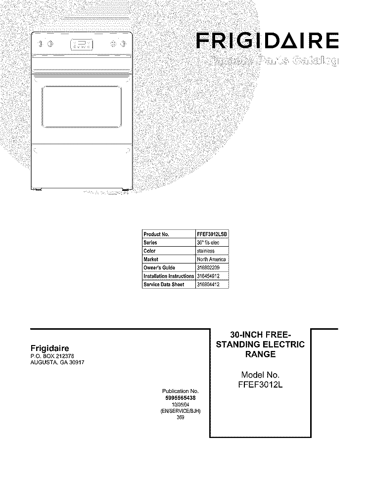 COVER Diagram and Parts List for FFEF3012LSB  Frigidaire Range