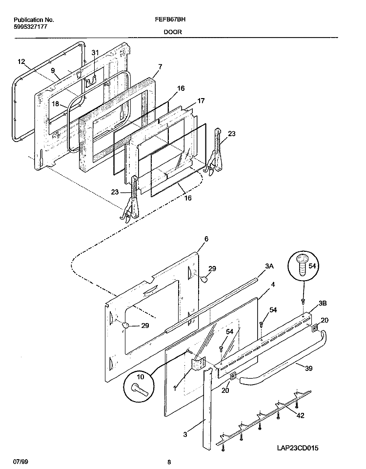 DOOR Diagram and Parts List for FEFB67BHWB  Frigidaire Range