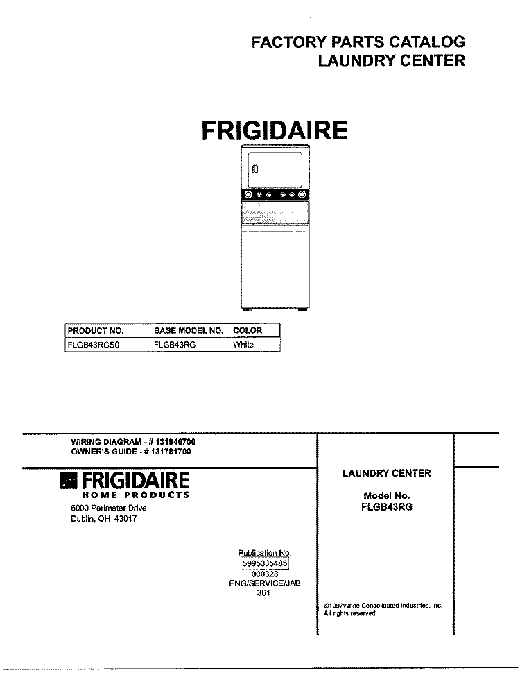 COVER Diagram and Parts List for FLGB43RGS0  Frigidaire Washer Dryer Combo