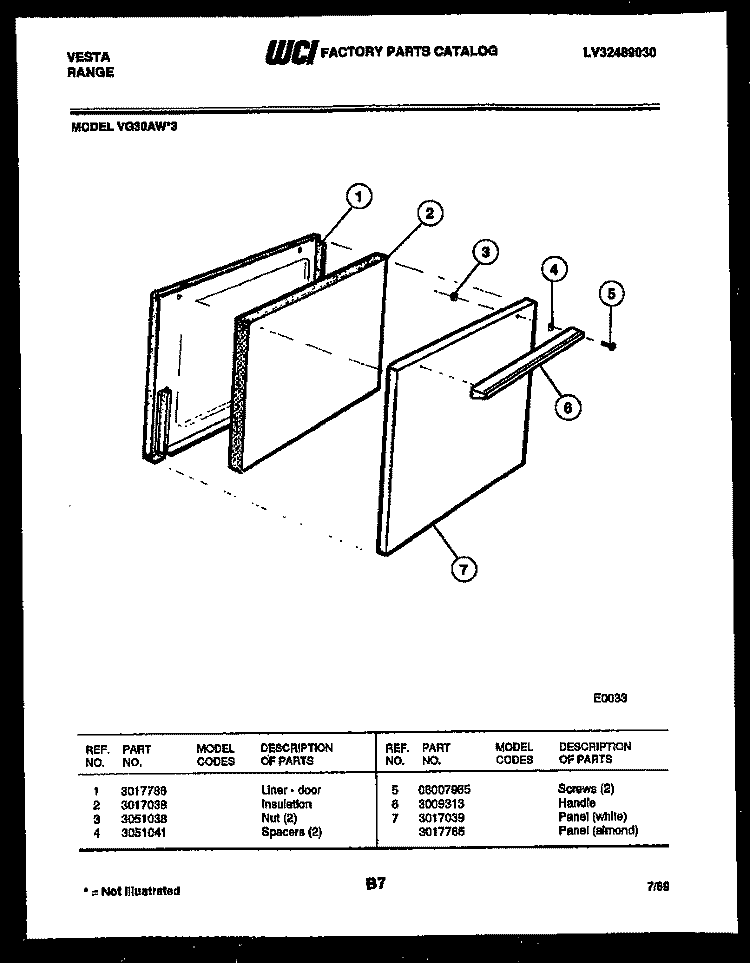 DOOR PARTS Diagram and Parts List for VG30AW3  Tappan Range