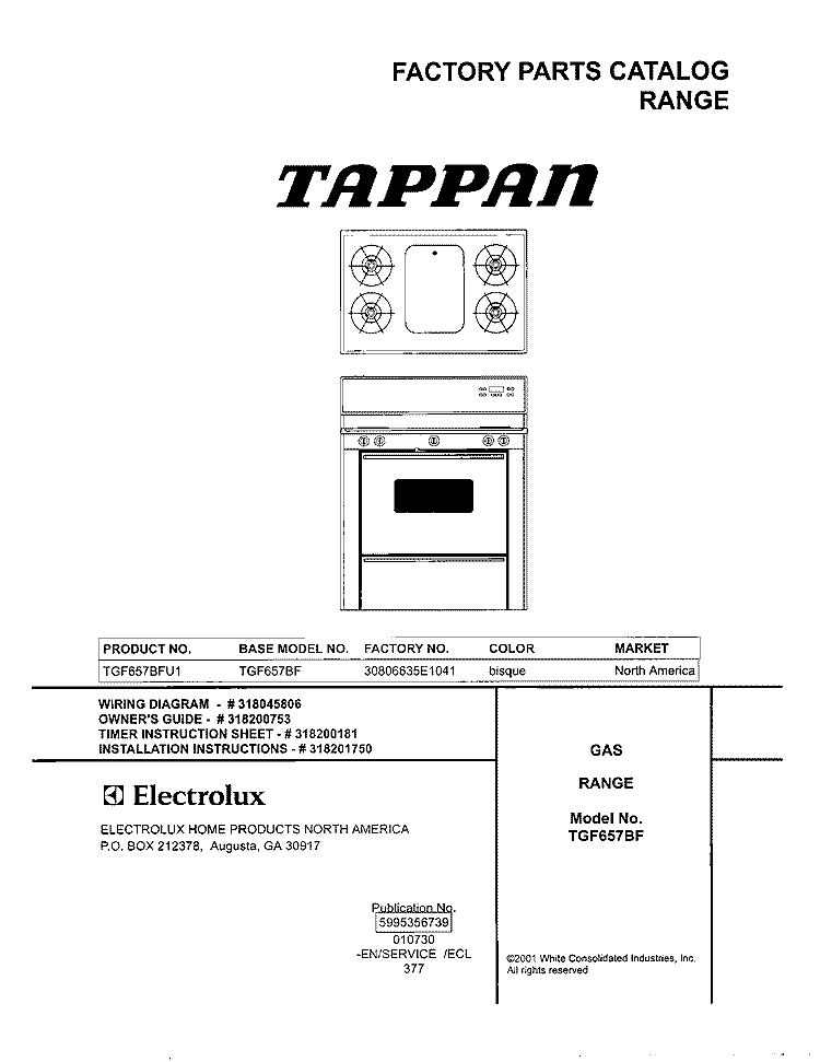COVER Diagram and Parts List for TGF657BFU1  Tappan Range