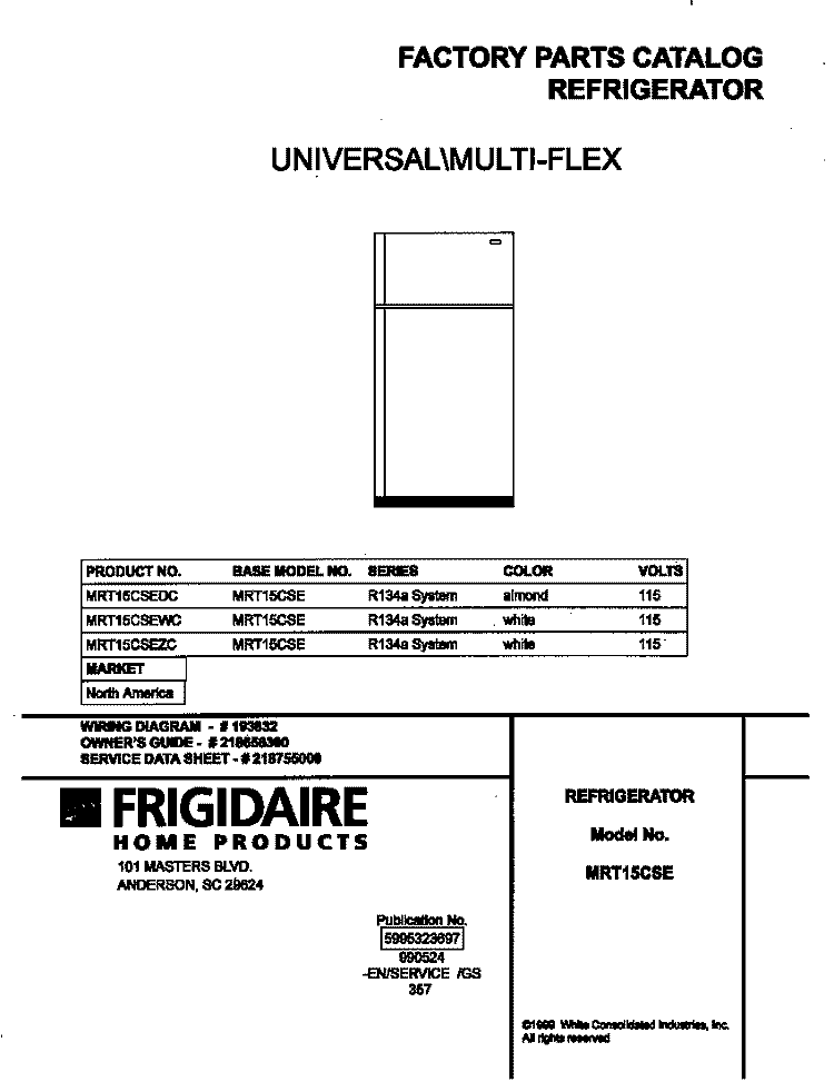COVER Diagram and Parts List for MRT15CSEWC  Frigidaire Refrigerator