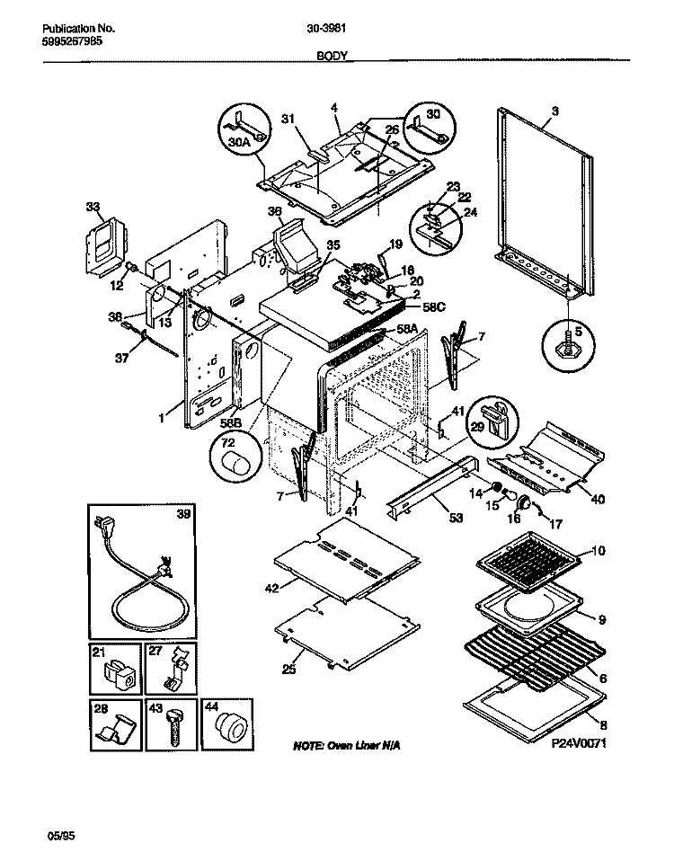 BODY Diagram and Parts List for 30-3981-23-05  Tappan Range