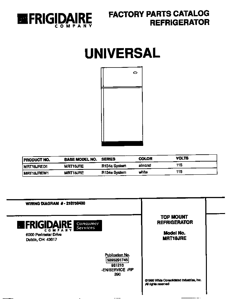 COVER Diagram and Parts List for MRT18JREW1  Frigidaire Refrigerator